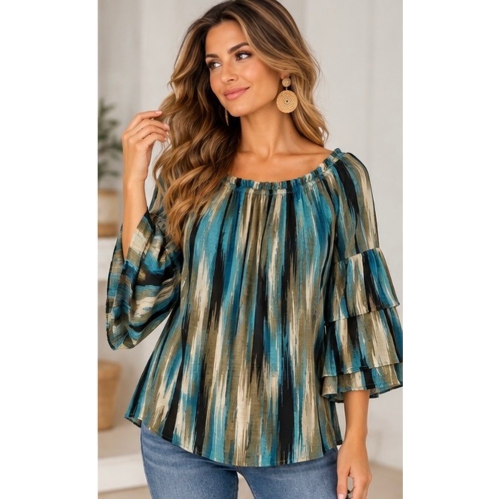Dear Scarlett Off Shoulder Top Tiered Bell Sleeve Abstract Blue Brown Women L